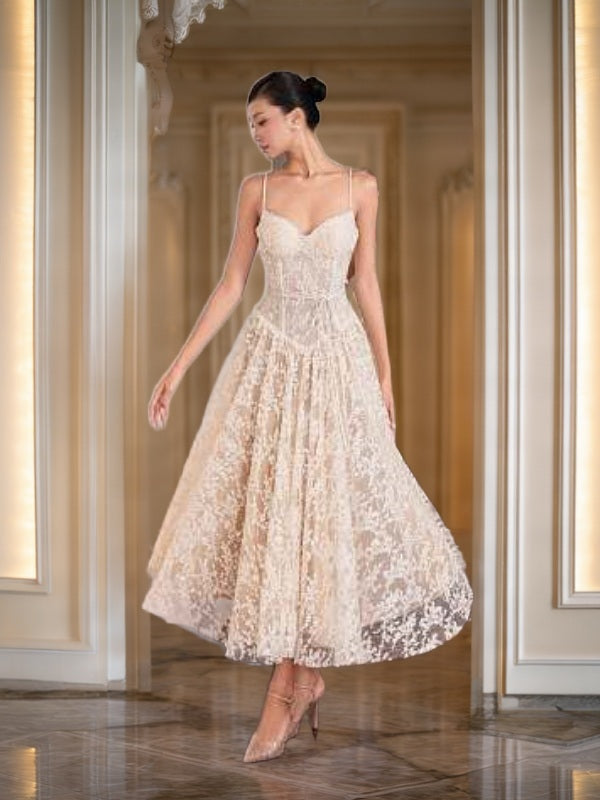 Ivory Lace Corset Midi Dress with Tie Waist model front view · nz-bg-v1
