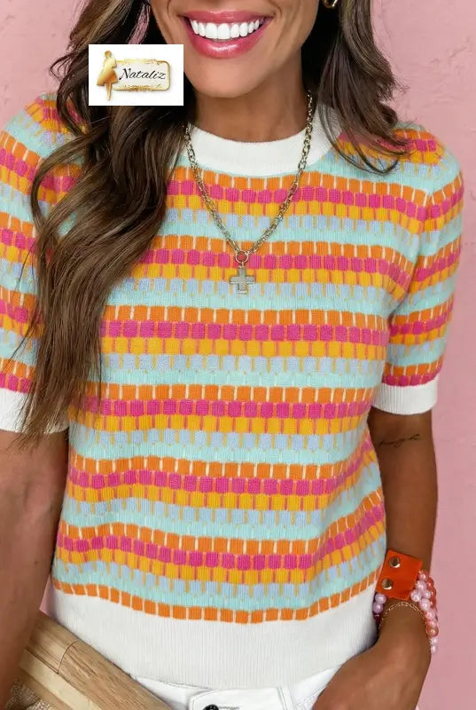 Orange Abstract Striped Knit Short Sleeve Sweater Dear-Lover Dropshipping