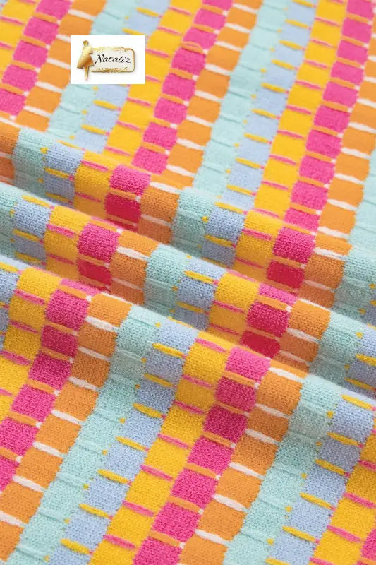 Orange Abstract Striped Knit Short Sleeve Sweater Nataliz