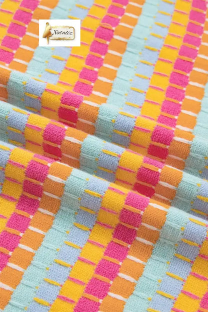 Orange Abstract Striped Knit Short Sleeve Sweater Nataliz