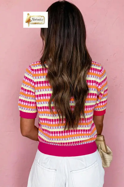 Orange Abstract Striped Knit Short Sleeve Sweater Nataliz