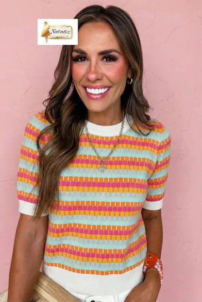 Orange Abstract Striped Knit Short Sleeve Sweater Dear-Lover Dropshipping