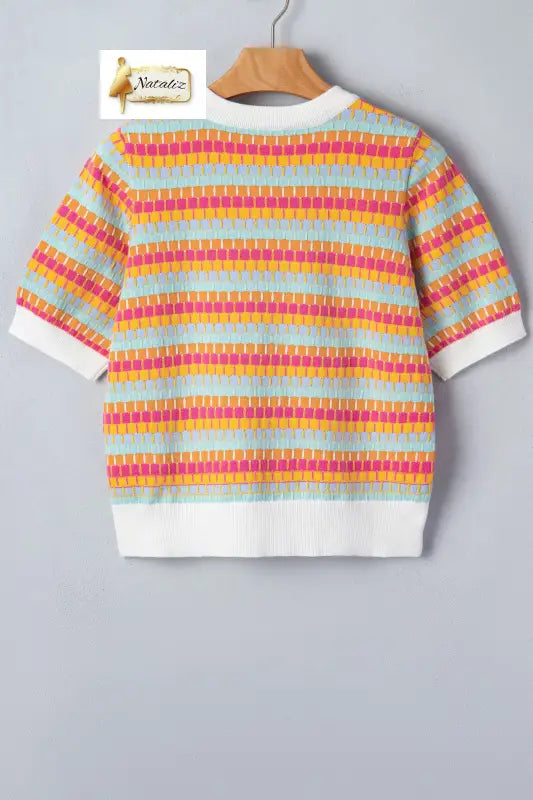 Orange Abstract Striped Knit Short Sleeve Sweater Nataliz