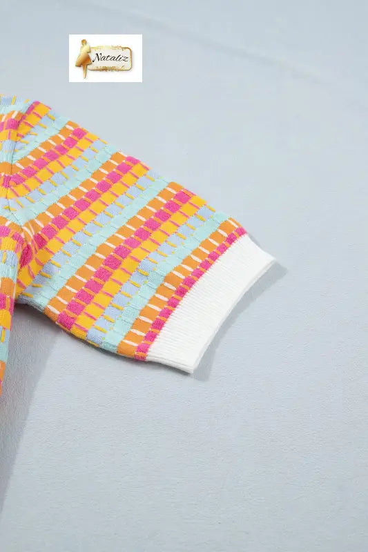 Orange Abstract Striped Knit Short Sleeve Sweater Nataliz