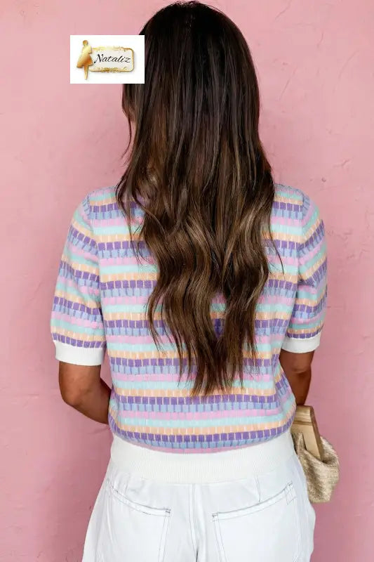 Orange Abstract Striped Knit Short Sleeve Sweater Nataliz