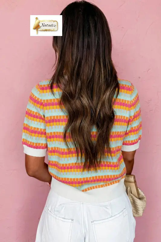 Orange Abstract Striped Knit Short Sleeve Sweater Dear-Lover Dropshipping