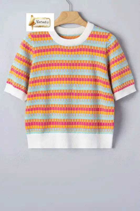Orange Abstract Striped Knit Short Sleeve Sweater Dear-Lover Dropshipping