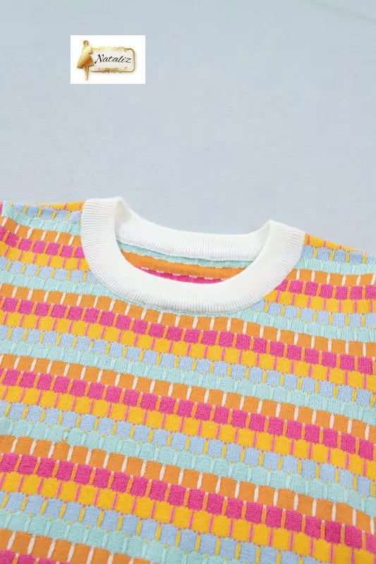 Orange Abstract Striped Knit Short Sleeve Sweater Dear-Lover Dropshipping