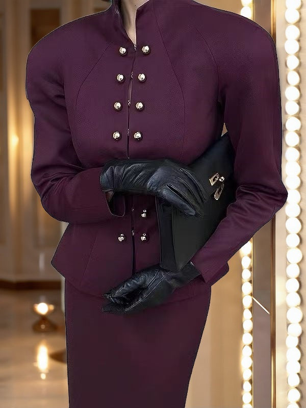 Plum Military Button Jacket and Midi Skirt Set model front view · nz-bg-v1