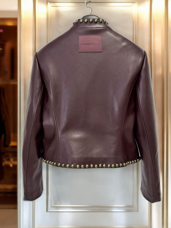 Studded Burgundy Cropped Leather Jacket hanging view · nz-bg-v1