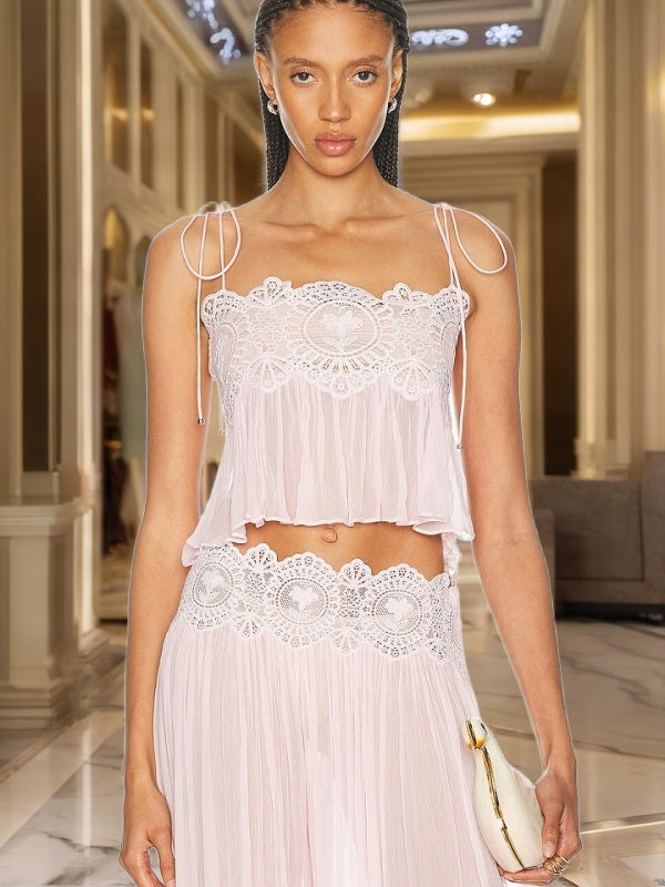 Blush Lace Tie-Strap Camisole and Wide Leg Trouser Set model front view · nz-bg-v1
