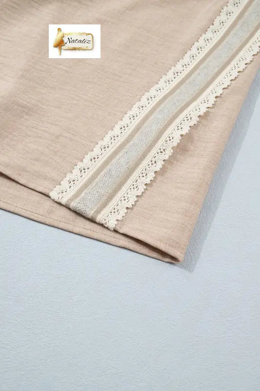 Parchment Crochet Lace Accent Pullover Rolled Short Sleeve Blouse Nataliz