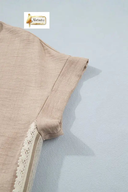 Parchment Crochet Lace Accent Pullover Rolled Short Sleeve Blouse Nataliz