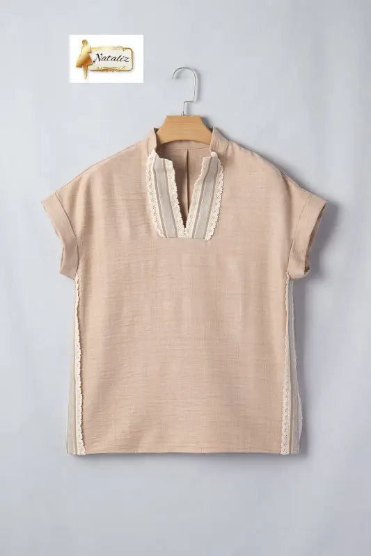 Parchment Crochet Lace Accent Pullover Rolled Short Sleeve Blouse Dear-Lover Dropshipping