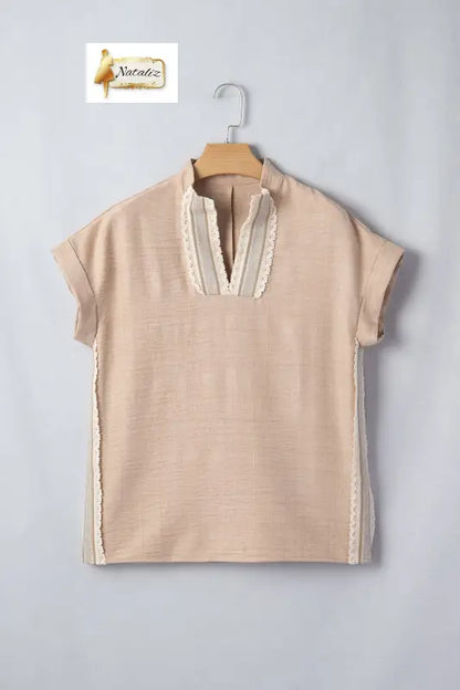 Parchment Crochet Lace Accent Pullover Rolled Short Sleeve Blouse Dear-Lover Dropshipping