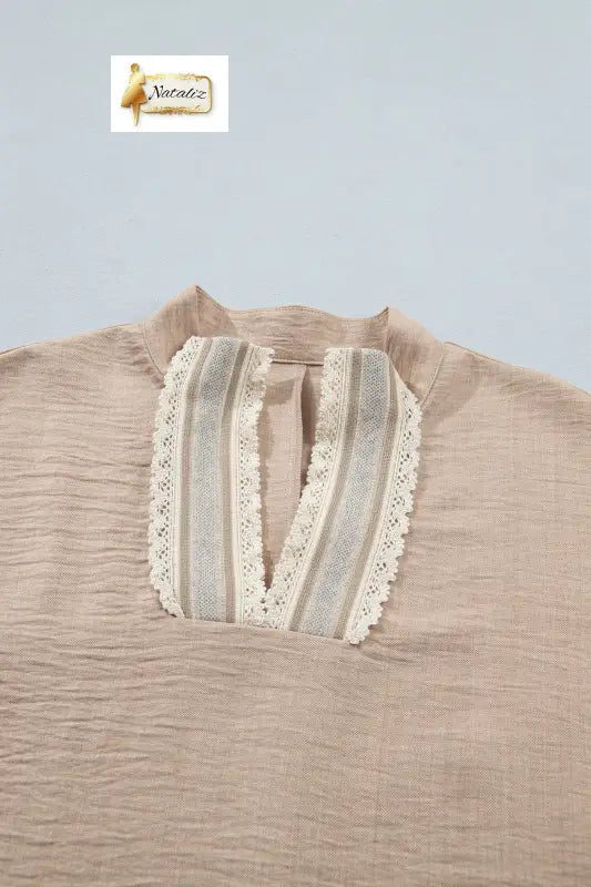 Parchment Crochet Lace Accent Pullover Rolled Short Sleeve Blouse Dear-Lover Dropshipping