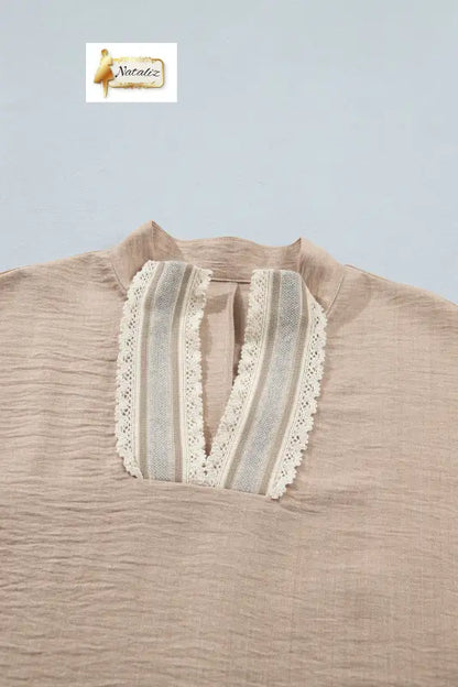 Parchment Crochet Lace Accent Pullover Rolled Short Sleeve Blouse Dear-Lover Dropshipping