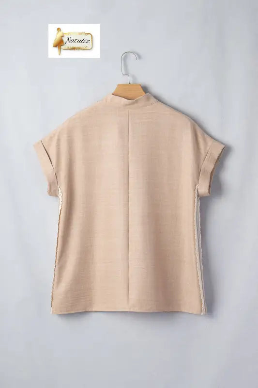 Parchment Crochet Lace Accent Pullover Rolled Short Sleeve Blouse Dear-Lover Dropshipping