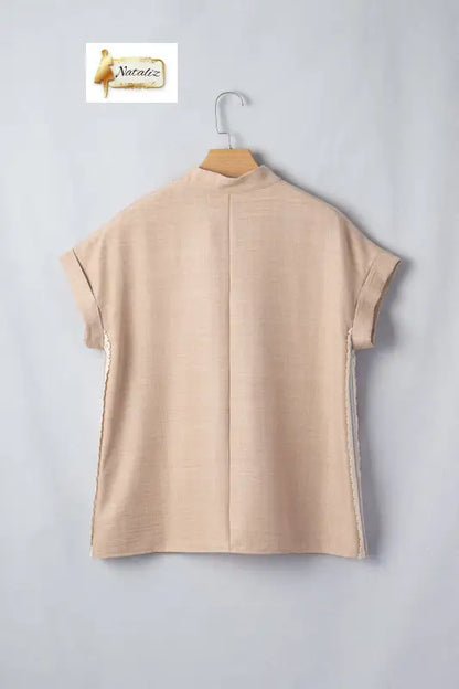 Parchment Crochet Lace Accent Pullover Rolled Short Sleeve Blouse Dear-Lover Dropshipping