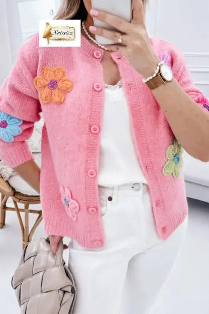 Pink Cute Knitted Floral Pattern Button Up Cardigan Dear-Lover Dropshipping