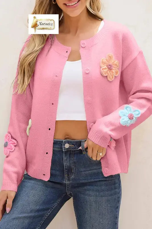 Pink Cute Knitted Floral Pattern Button Up Cardigan Dear-Lover Dropshipping