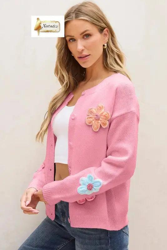 Pink Cute Knitted Floral Pattern Button Up Cardigan Dear-Lover Dropshipping