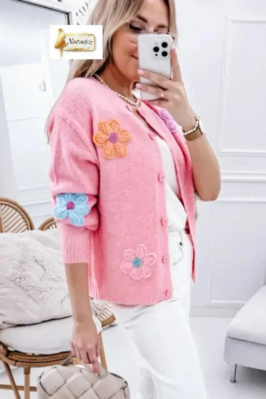 Pink Cute Knitted Floral Pattern Button Up Cardigan Dear-Lover Dropshipping