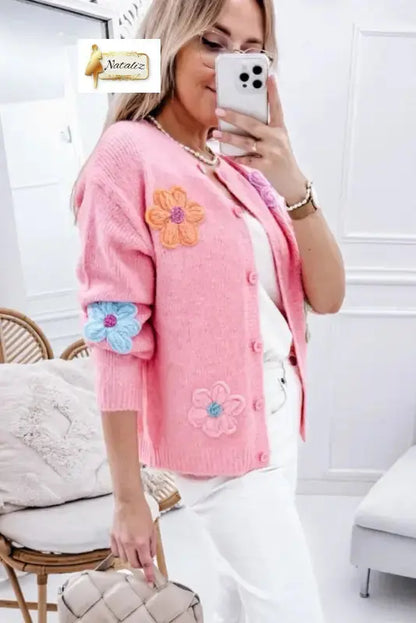 Pink Cute Knitted Floral Pattern Button Up Cardigan Dear-Lover Dropshipping
