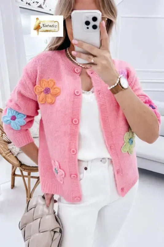 Pink Cute Knitted Floral Pattern Button Up Cardigan Dear-Lover Dropshipping