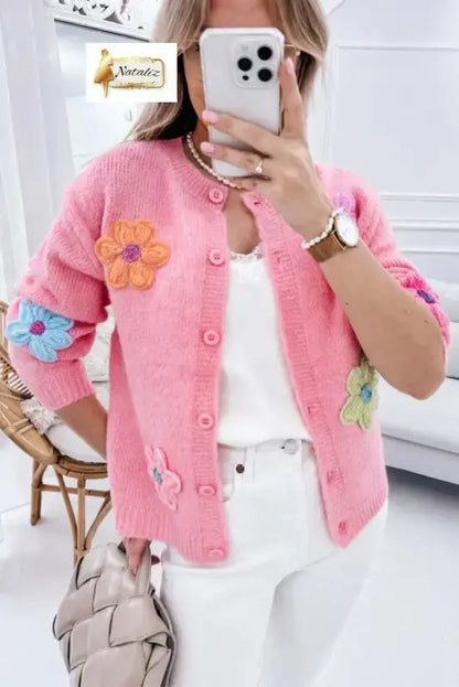 Pink Cute Knitted Floral Pattern Button Up Cardigan Dear-Lover Dropshipping