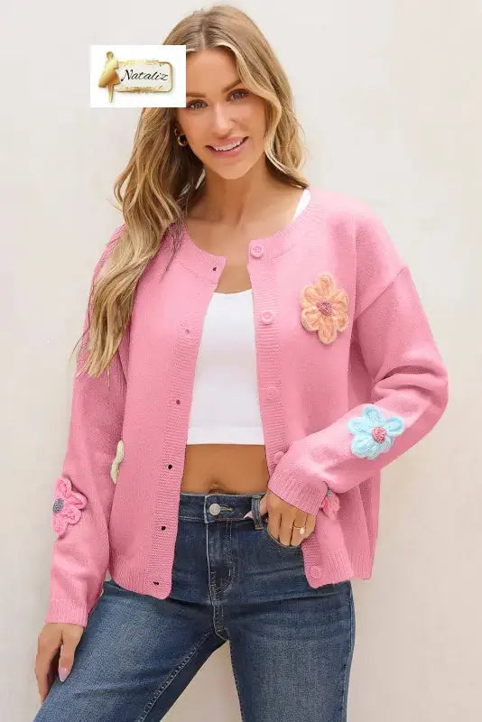 Pink Cute Knitted Floral Pattern Button Up Cardigan Dear-Lover Dropshipping