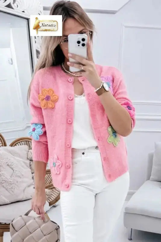 Pink Cute Knitted Floral Pattern Button Up Cardigan Dear-Lover Dropshipping