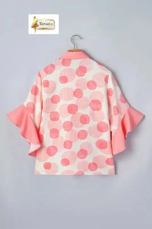 Pink Double Polka Dot Printed Ruffle Trim Short Sleeve Babydoll Shirt Nataliz