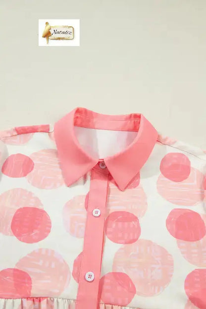 Pink Double Polka Dot Printed Ruffle Trim Short Sleeve Babydoll Shirt Nataliz