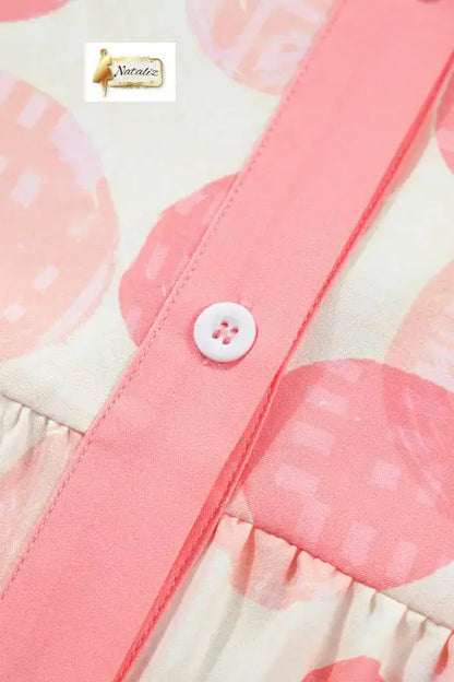 Pink Double Polka Dot Printed Ruffle Trim Short Sleeve Babydoll Shirt Nataliz