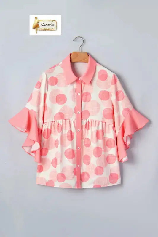 Pink Double Polka Dot Printed Ruffle Trim Short Sleeve Babydoll Shirt Nataliz