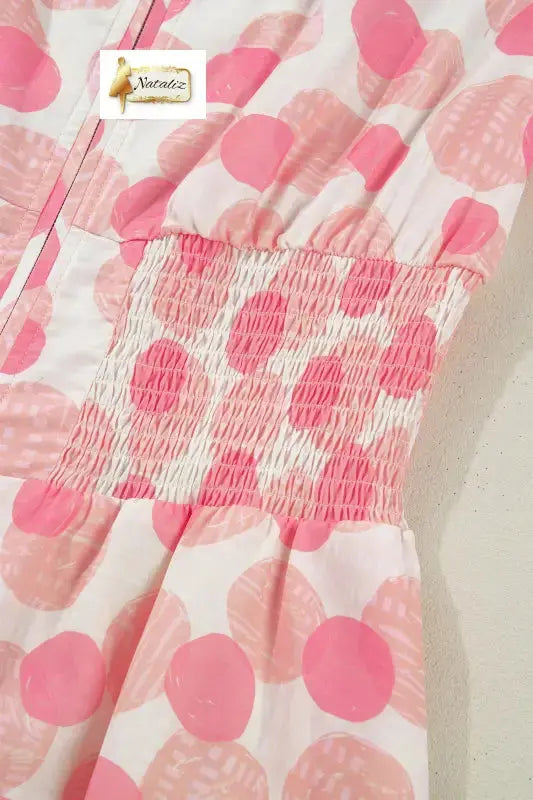 Pink Polka Dot Printed Ruffle Short Sleeve Zip Up Long Dress Nataliz