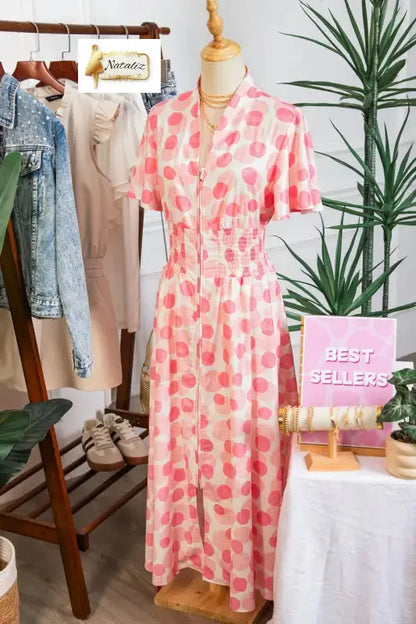 Pink Polka Dot Printed Ruffle Short Sleeve Zip Up Long Dress Nataliz