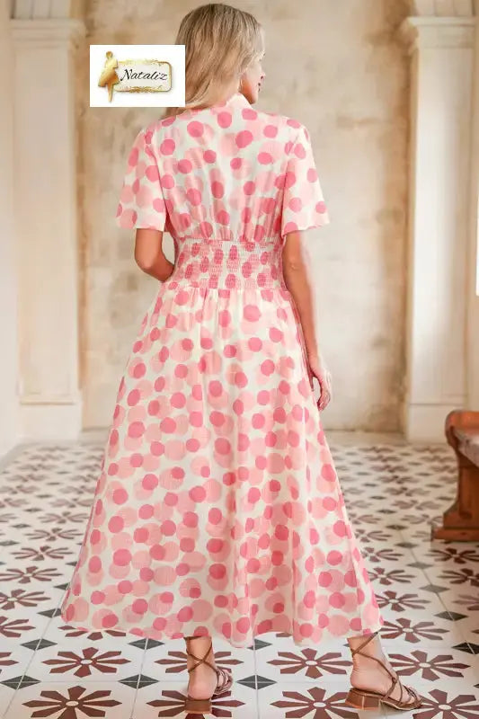 Pink Polka Dot Printed Ruffle Short Sleeve Zip Up Long Dress Nataliz
