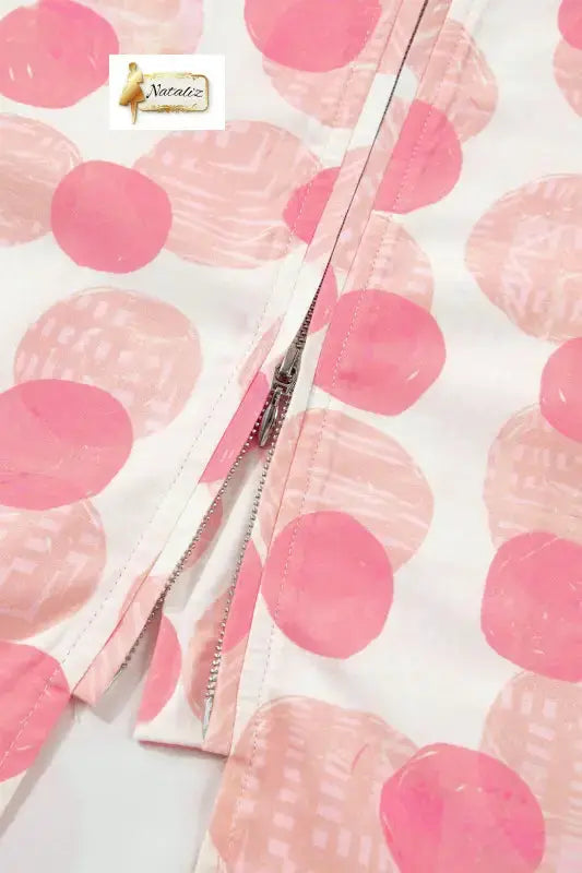 Pink Polka Dot Printed Ruffle Short Sleeve Zip Up Long Dress Nataliz