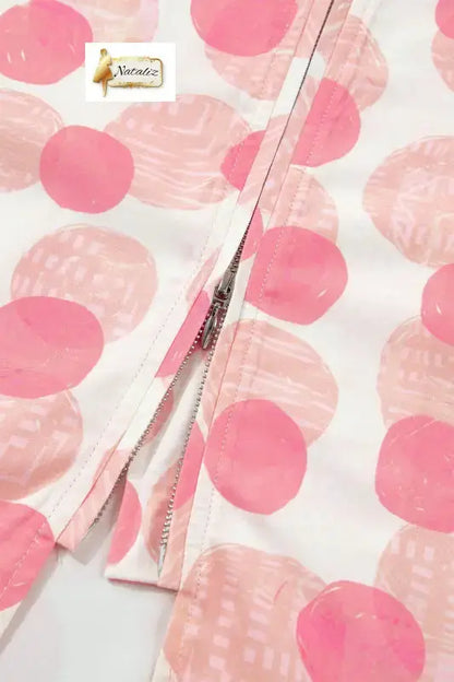 Pink Polka Dot Printed Ruffle Short Sleeve Zip Up Long Dress Nataliz