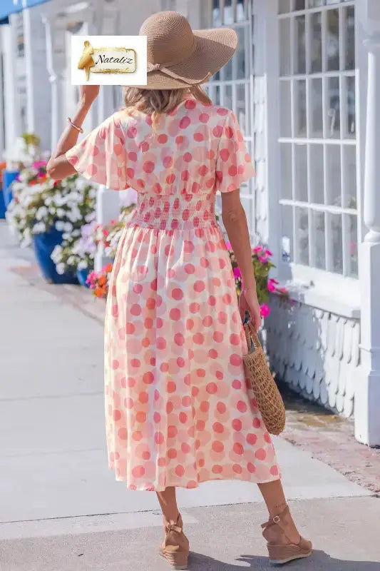 Pink Polka Dot Printed Ruffle Short Sleeve Zip Up Long Dress Nataliz