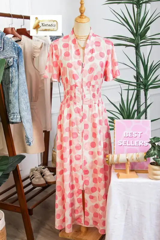 Pink Polka Dot Printed Ruffle Short Sleeve Zip Up Long Dress Nataliz