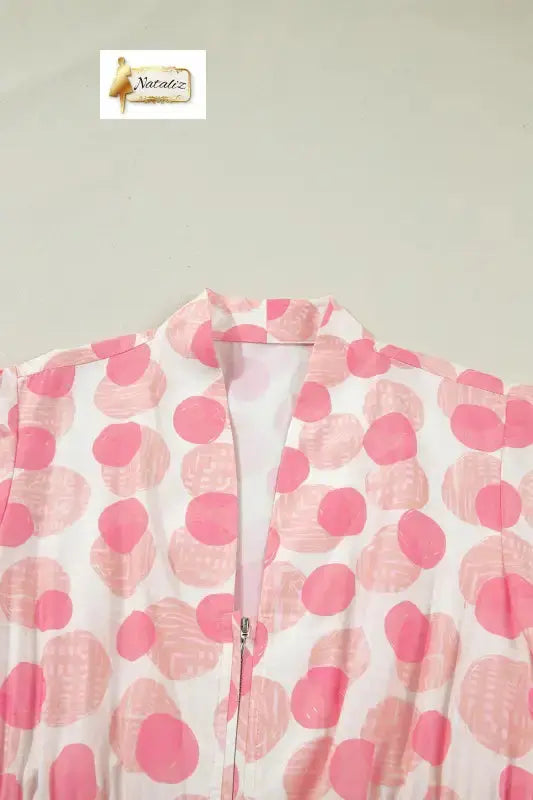Pink Polka Dot Printed Ruffle Short Sleeve Zip Up Long Dress Nataliz