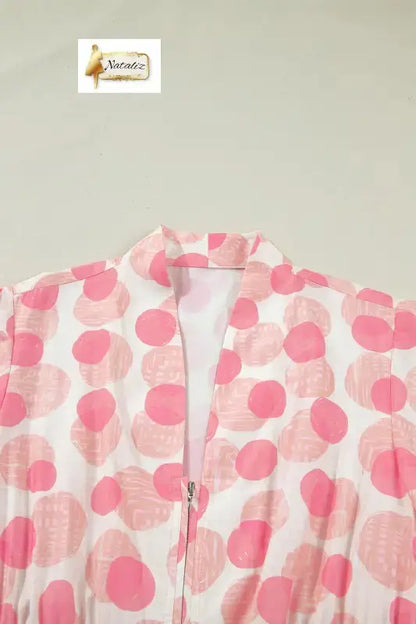 Pink Polka Dot Printed Ruffle Short Sleeve Zip Up Long Dress Nataliz