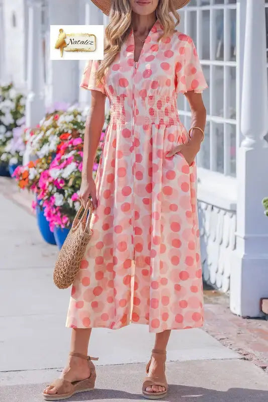 Pink Polka Dot Printed Ruffle Short Sleeve Zip Up Long Dress Nataliz