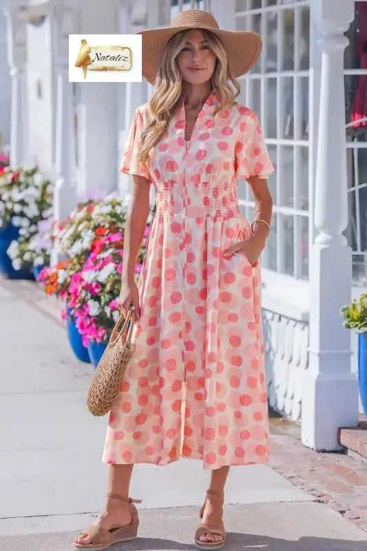 Pink Polka Dot Printed Ruffle Short Sleeve Zip Up Long Dress Nataliz