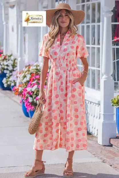 Pink Polka Dot Printed Ruffle Short Sleeve Zip Up Long Dress Nataliz