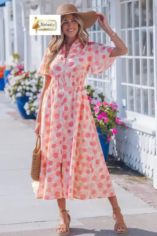 Pink Polka Dot Printed Ruffle Short Sleeve Zip Up Long Dress Nataliz