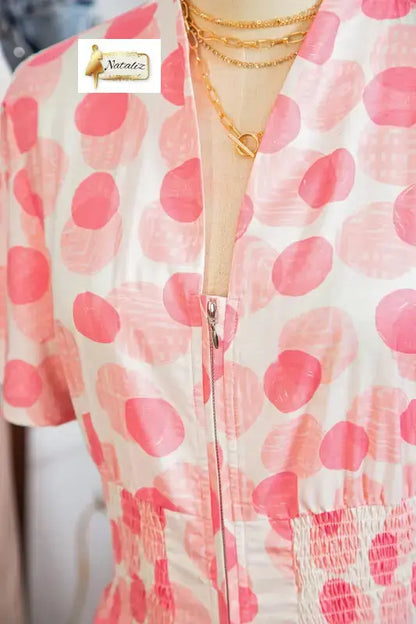 Pink Polka Dot Printed Ruffle Short Sleeve Zip Up Long Dress Nataliz